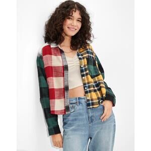 American Eagle Multi Plaid Cozy Cropped Soft Button Down Flannel Relaxed Shirt